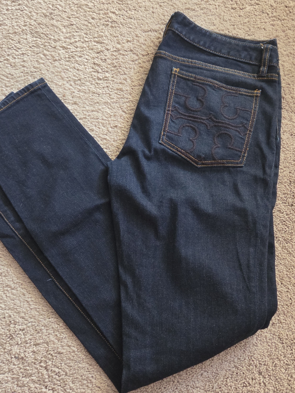 Tory Burch Dark Blue Skinny Jeans with Embroidered Back Pocket